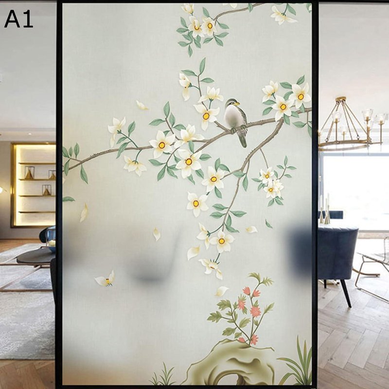 遮光シート 花鳥柄 中国風 断熱 窓用フィルム 外から見えない ガラスシール 静電吸着 貼ってはがせる ..