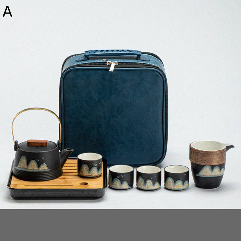 番茶器セット 山水柄 中華風 急須セット バッグ付き 茶器乾燥ティートレー 4客セット ティーセット 湯呑セット 茶器 陶器 公道コップ 軽量 日式茶器 携帯用 旅行用 お出かけ用 自宅用 日本茶 紅茶