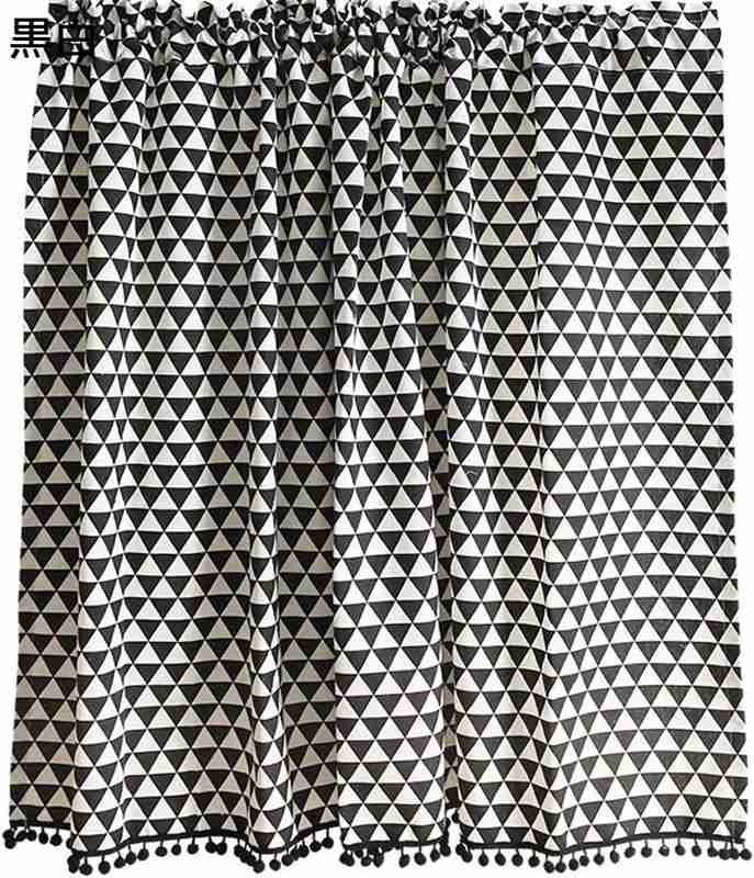 カフェカーテン 小窓カフェカーテン 幾何学 北欧 お洒落 黒白フリンジ 三角形 アクセント シンプル ホームデコレーション トイレの棚 カラーボックスの目隠し インテリア カフェ屋 ベランダ キッチンの小窓