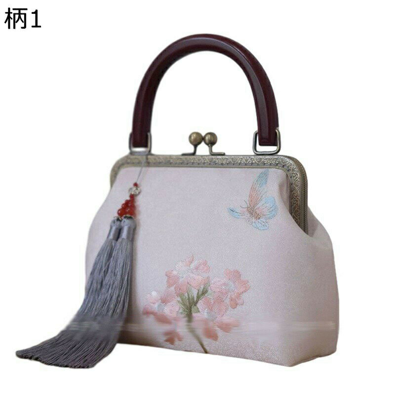 パーティーバッグ クラッチバッグ レディース 結婚式 白 青 緑 牡丹 花刺繍 フリンジ 木製ハンド