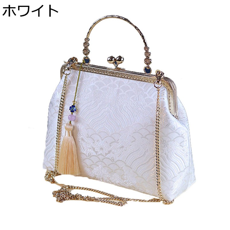 パーティーバッグ レディース クラッチバッグ シルクサテン 光沢感 チェイン ショルダーバッグ ハンドバッグ がま口 フリンジ 刺繍 和風 中華風 レトロ チャイナ ポシェット 宴会 結婚式 白 赤 黒 青 金色
