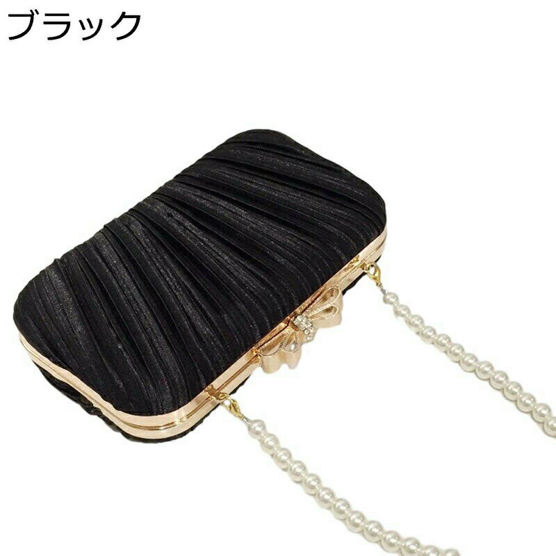 パーティーバッグ クラッチバッグ サテンプリーツ 結婚式がま口 2way ショルダー チェイン リボ