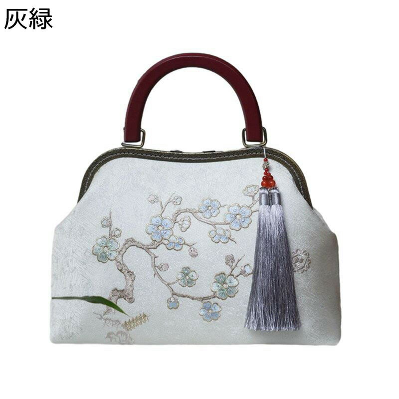 パーティーバッグ レディース クラッチバッグ 結婚式 白 花柄刺繍 緑梅 がま口 フリンジ 可愛い 