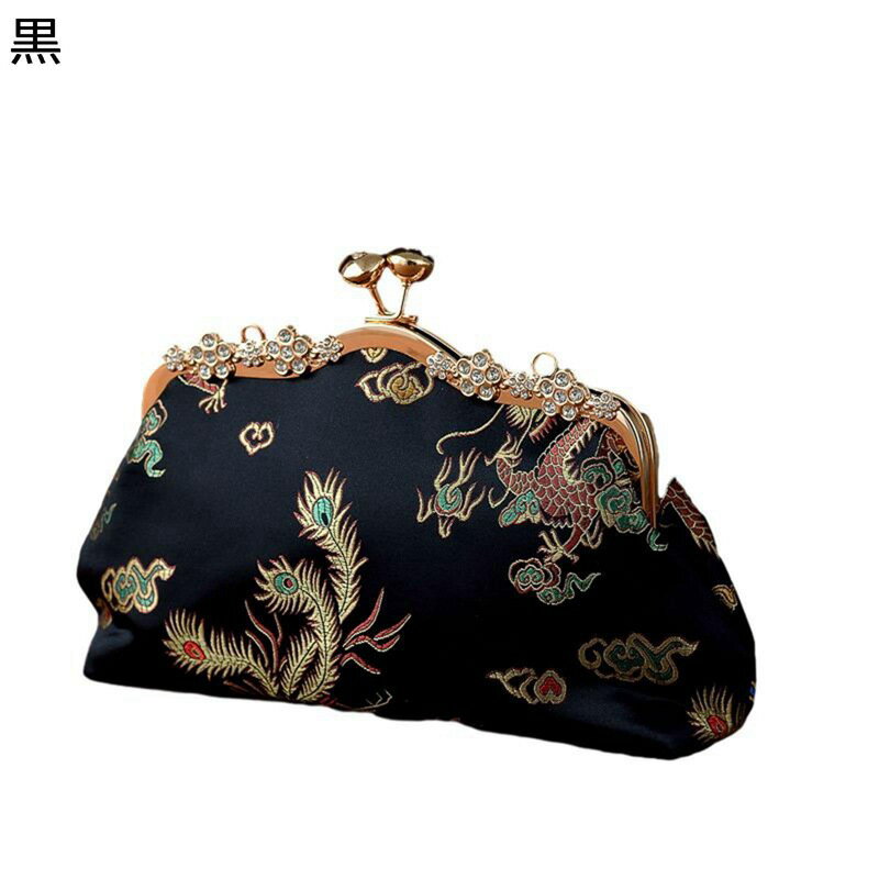 龍&鳳凰刺繍 パーティーバッグ 手持ち サテン がま口ポーチ ショルダーバッグ 中華風 クラッチバッグ シルバー 黒 ゴールド 結婚式 ハンドバッグ 和風和柄 和装着物 謝恩会 ポシェット 長財布 レディース