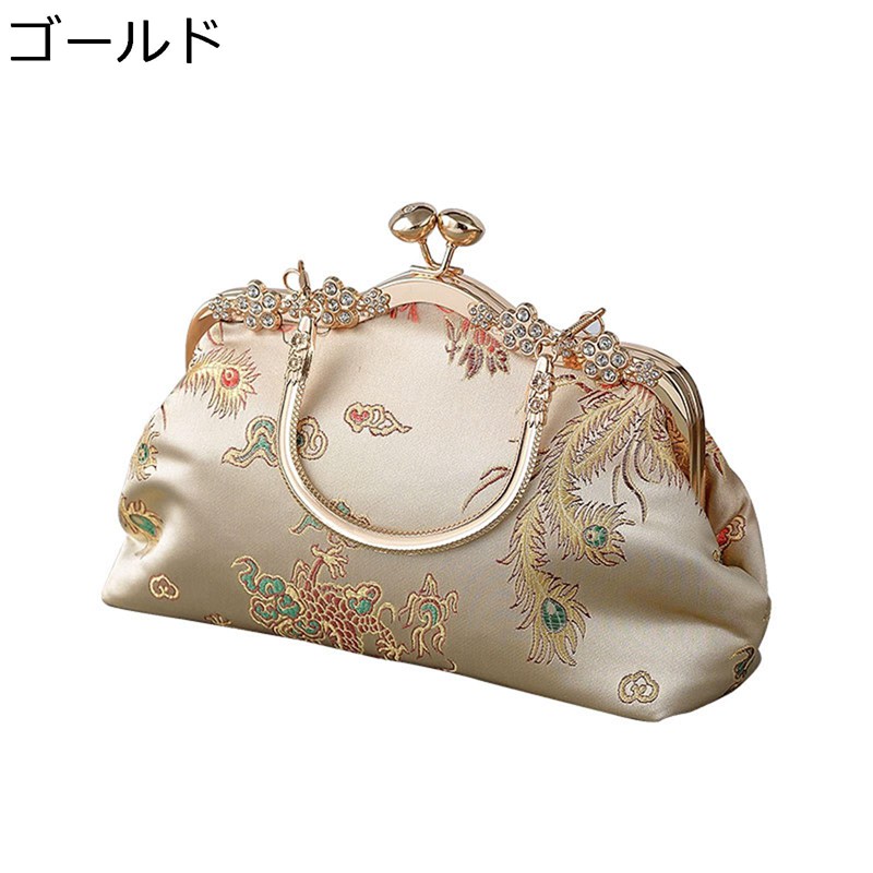 龍&鳳凰刺繍 パーティーバッグ 手持ち サテン がま口ポーチ ショルダーバッグ 中華風 クラッチバッグ シルバー 黒 ゴールド 結婚式 ハンドバッグ 和風和柄 和装着物 謝恩会 ポシェット 長財布 レディース