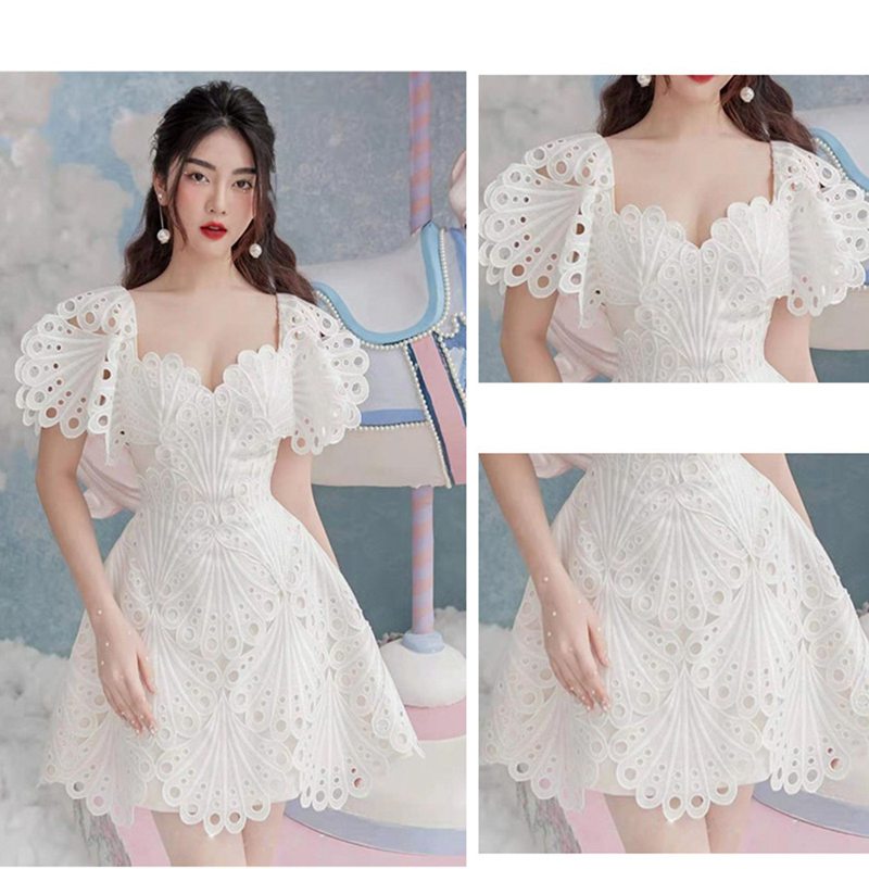ミニワンピース パーティードレス 透かし彫り 貝殻感 白ワンピ レディース 白 結婚式 半袖 スクエアネック フリル レースドレス Aライン かわいい 春夏服 レース刺繍 二次会 デート 披露宴 誕生日