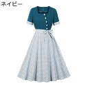レディース ドレス ワンピース 夏服 半袖 水玉柄 スクエアネック 切り替え リボン 裾広 ボタン フランス風 Aライン パーティードレス 無地 シンプル 田園風 エレガント レトロ ドレス ヴィンテージ 通勤通学(4)