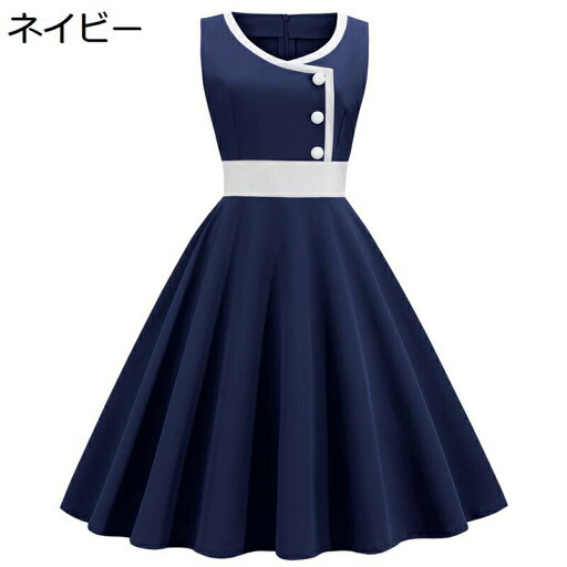 ワンピース レディース ノースリーブ 無袖 プリーツ Aライン パーティードレス 夏着 ワンピ 切り替え 50年代風 ヴィンテージ 結婚式 着痩せ 通勤通学 レッド ネイビー イエロー パープル