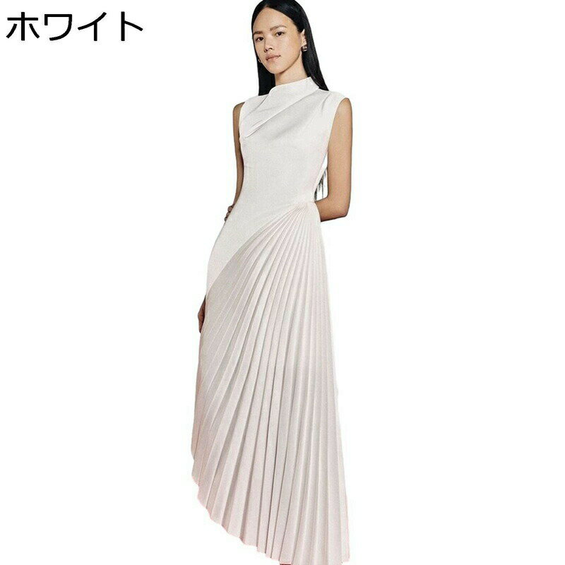 レースドレス ロングワンピース ノースリーブ ホワイト 白 レディース プリーツ ハイネック チャイナドレス アンシンメトリー アンクル丈 フォーマル 春 夏 パーティー 結婚式 およばれ 発表会 演奏会