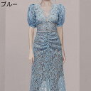 パーティードレス レースワンピース レースドレス ブルー 半袖 ボリューム袖 vネック 透かし彫り 透け感 レディース 刺繍 ミモレ丈 結婚式 夏服 セクシー ...