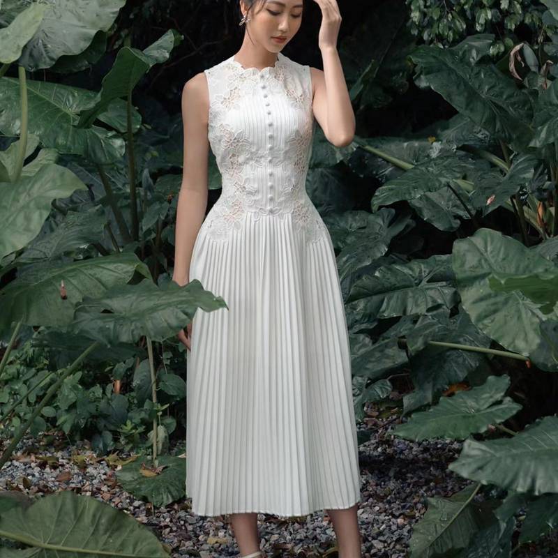 結婚式ドレス ワンピース レース レディース 無袖 ハイネック プリーツ 透け感 透かし彫り ミモレ丈 フリル フレア ロング 可愛い セクシー ハイウエスト 姫系 エレガント パーティー 二次会 披露宴