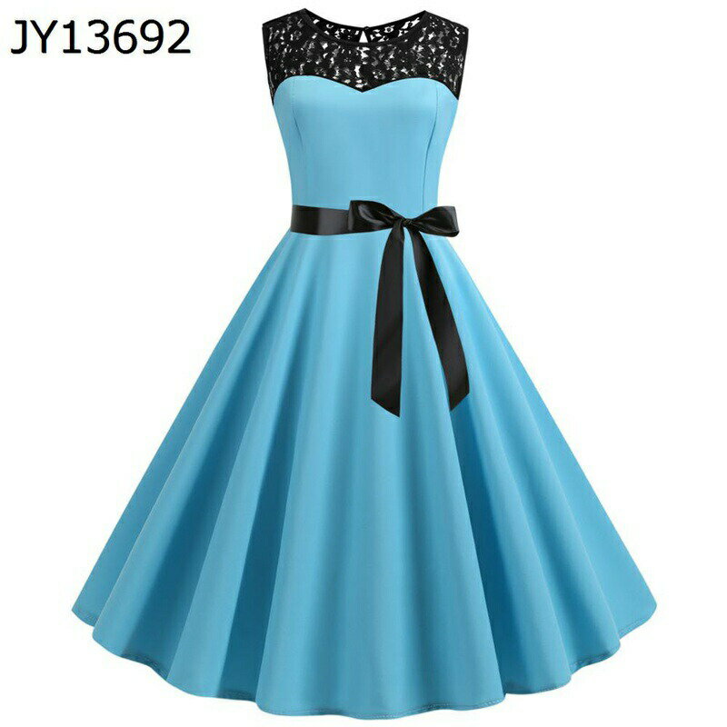 ワンピース レディース ノースリーブ 無袖 腰リボン 透け感レース レースドレス Aライン パーティードレス 夏着 ワンピ 切り替え 50年代風 ヴィンテージ 結婚式 着痩せ 通勤通学 ブルー グリーン レッド 黒