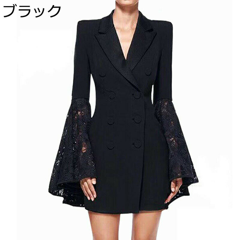 スーツワンピース フレア スーツドレス レースドレス ミニ レディース 透かし彫り vネック フレア袖 長袖 春 夏 秋 フォーマル 結婚式 欧米風 スーツ シャツドレス 細身 着痩せ セクシー 黒 ブラック