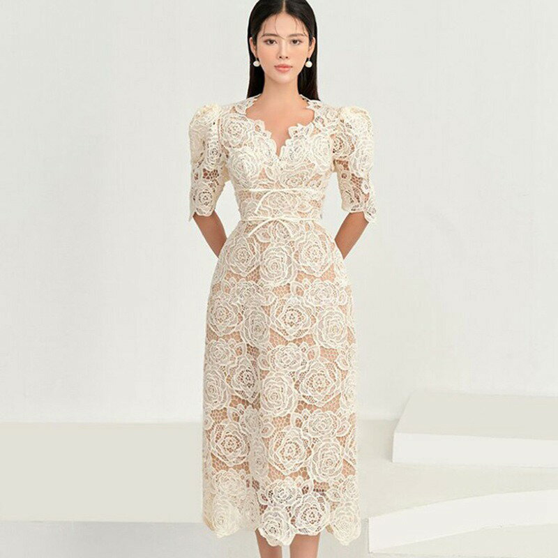 パーティードレス ホワイト薔薇 レースドレス ミモレ丈 結婚式 レディース 5分袖 ローズレース vネック ワンピース 春秋 夏服 フランス風 姫系 透かし彫り 可愛い セクシー 大人 披露宴 二次会 謝恩会 卒業式 姫様