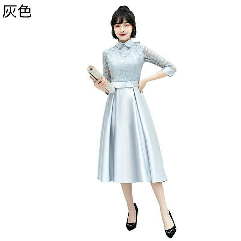 パーティードレス イブニングドレス ママ ワンピース レディース xS-3XL 5分袖 結婚式 レース刺繍 ミモレ丈 折り襟 シンプル フォーマル 二次会 宴会 披露宴 卒業式 入園式 ネイビー グレー ブラック