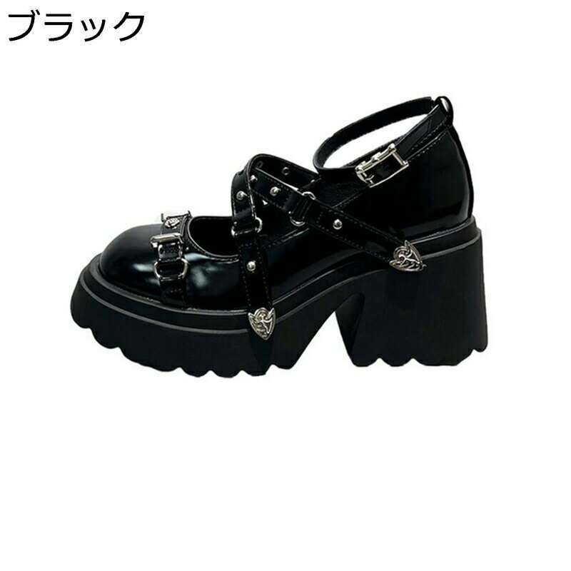 パンプス サブカル レディース クロスストラップ ダブルストラップ 太めヒール 5CMヒール パンク風 ラ..