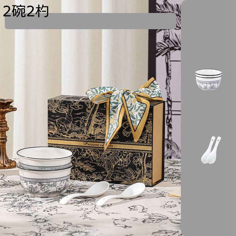 食器セット 碗皿セット ギフトボックス付き 2人食 4人食 6人食 北欧風 白黒花柄 モダン スプーン お碗 お皿 丼 どんぶり 夫婦茶碗 磁器 陶器 鉢 味噌...