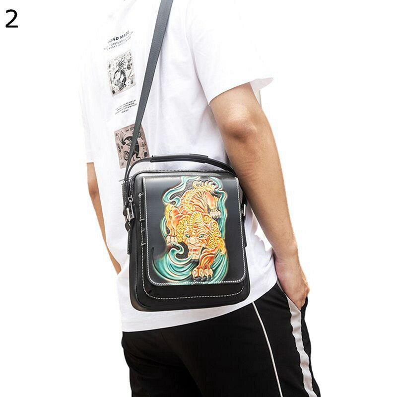ウエストポーチ ボディバッグ 本革 メンズ 肩掛けバッグ 刺繍 虎龍柄 スポーツバッグ 2WAY 多機能ウエストポーチ レトロ 厚手 軽量 スマホ収納 小分け用ポケット 調節可能ベルト 防水 バイク ビンテージ
