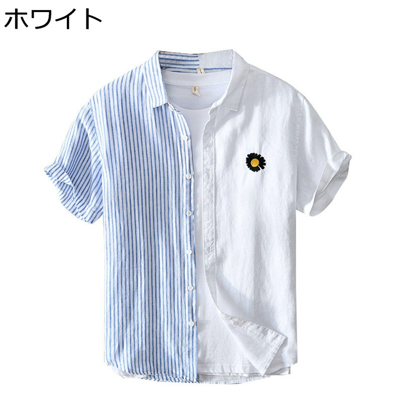シャツ リネンシャツ 半袖 メンズ 夏 カジュアルシャツ おしゃれ ストライプ パッチワーク 開襟シャツ 薄手 軽量 速乾 通気 通勤 通学 ビーチ 旅行 室内/室外 夏服