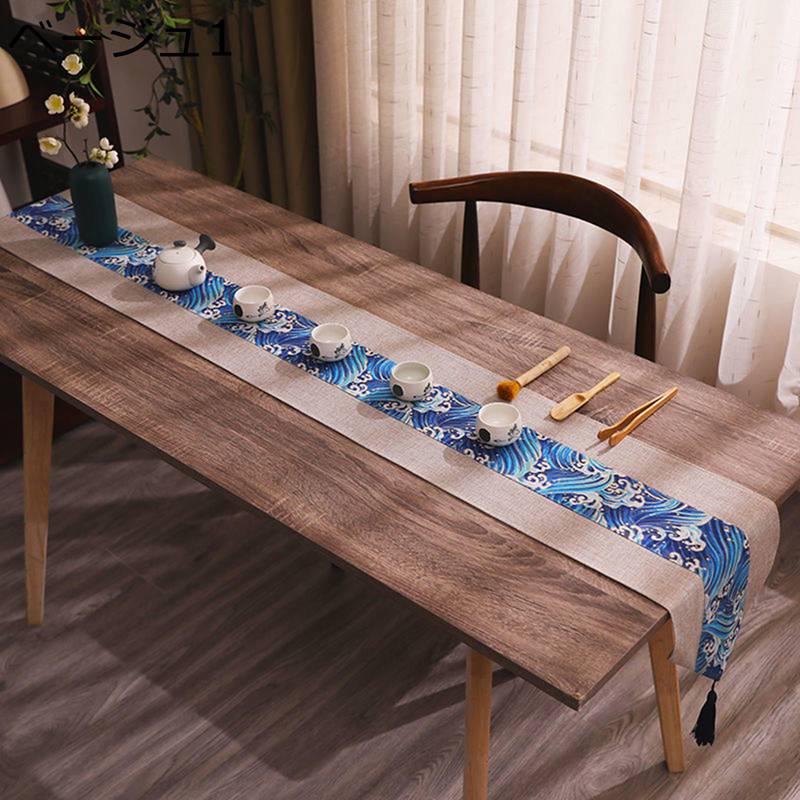 テーブルランナー 綿麻 フリンジ付き テーブルセンター 和風 レトロ おしゃれ 波柄 パッチワーク テーブルクロス 耐久耐熱 軽量 テーブル掛け 気分転換 インテリア オールシーズン