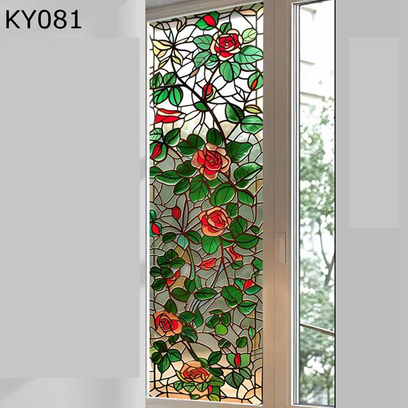 窓ガラスフィルム ステンドグラス 薔薇柄 3D立体感 窓用 フィルム 自粘型 裏面粘着 ガラス断熱シート U..