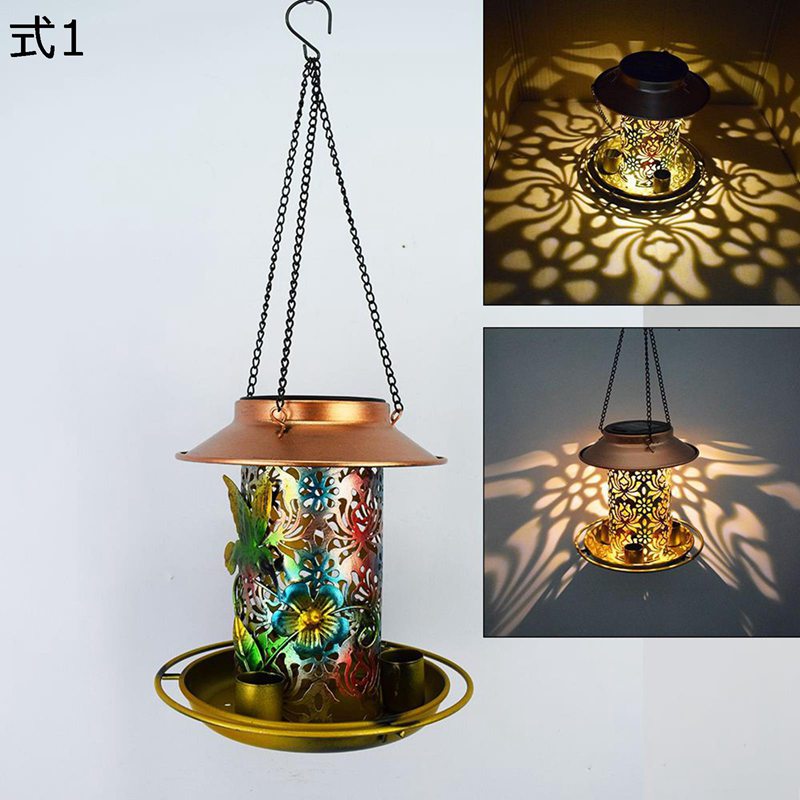 バードフィーダー ソーラーライト 鉄製 ガーデンライト 吊り灯 餌場 えさ台 鳥小屋 餌台 屋根 吊下げ ..