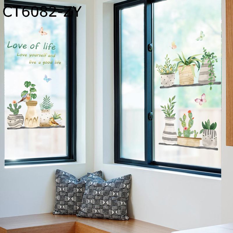 静電ステッカー 窓ステッカー 鉢植え 観葉植物 蝶々 ドア 戸棚 浴室 ガラス 飾り 両面印刷 シール イン..
