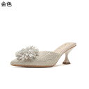 ミュール ハイヒール レディース サボサンダル パンプス 可愛い ラインストーン花 7.5cmヒール 美脚 ポインテッドトゥ カジュアル 通気 パーティー デー...