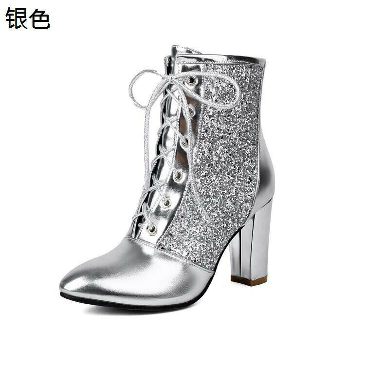 アンクルブーツ ショートブーツ レディース ハイカット 8.5cm スパンコール キラキラ 編み上げ ハイヒール 袴用ブーツ 革 細見え 秋冬 履きやすい おしゃれ 防滑 大きいサイズ 小さいサイズ 舞台