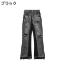 メンズ Gパン フレアパンツ ジーンズ デニムパンツ ダメージ 細身 ポケット付き カジュアル ファッション 原宿 おしゃれ 通気 快適 通気性 速乾 脚長 通学 旅行 日常 普段着 ブラック