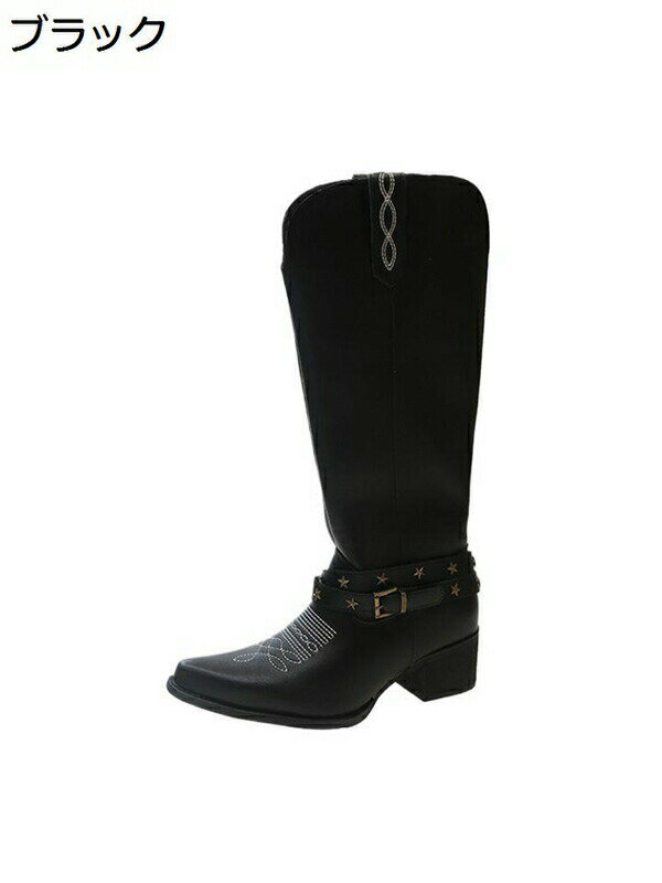ウエスタンブーツ リベット 刺繍 レディース ヴィンテージ ポインテッドトゥ バックル チャンキーヒール ロングブーツ ゆったり 美脚 モード系 おしゃれ 太ヒール 高筒ブーツ カジュアル エンジニアブーツ