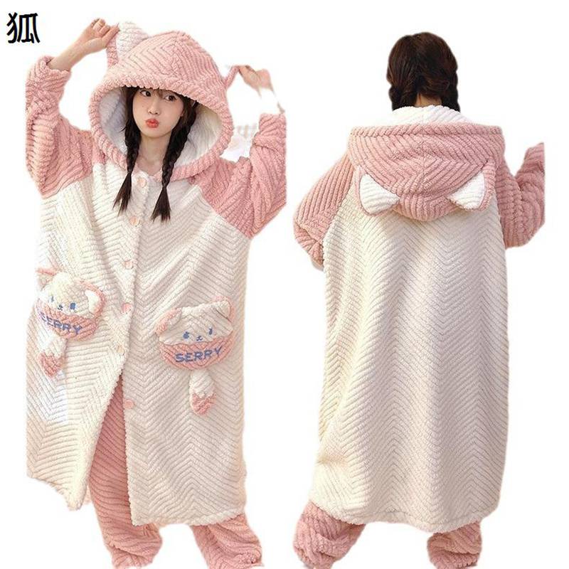 ネグリジェ ナイトガウン 動物耳フード付き レディース ロング ガウン フランネル フリース パジャマ ルームウェア 秋冬 厚手 保温 ゆったり 可愛い 部屋着 寝巻き 柔らかい もこもこパジャマ 上下セット