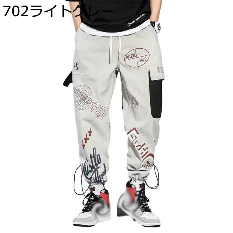 春夏秋 カーゴパンツ メンズ プリント 英文字柄 ワークパンツ 作業 ゆったり マルチポケット 動きやすい ストリート系 カッコイイ ヒップホップ カジュアルパンツ