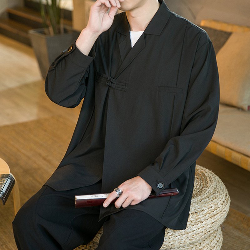 伝統服 シャツ メンズ 唐装 チャイナ服 カーディガン 長袖 春 夏 大きいサイズ 無地 上着 カジュアル ゆったり おしゃれ 薄い 通気性 結び釦シャツ 夏服 チャイナ風 普段着 青年 アウター ブラック M-5XL