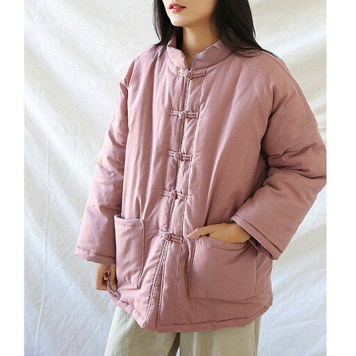 中綿ジャケット レディース ラミー生地 無地 保温性 チャイナ服 中華風 リネン 中綿コート ミニマリズム ブルゾン 秋冬 カジュアル 冬服 洗える 厚め 着膨れせず 防寒服 デザイン性 ファッション