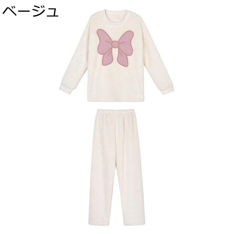 モコモコパジャマ 蝶結びプリント レディース ルームウェア かわいい 婦人パジャマ 2点セット 長袖 ロングパンツ フランネル 秋冬用 ふわふわ 暖かい ソフト 昼寝着 ファッション シンプル 部屋着 デイリー お出かけ