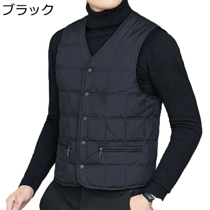 メンズ ダウンベスト 秋冬春 Vネック インナー フェザー 保温性 軽量 暖かベスト チョッキ シンプル 袖..