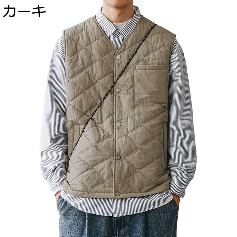 ウィンターベスト 中綿ベスト メンズ Vネック アウター ゆったり 厚い 雪対策 中綿 綿入れベスト 無袖ベスト やわらか 撥水 耐洗 おしゃれ オフィス カジュアル 普段用 日常着用 秋 冬(4)