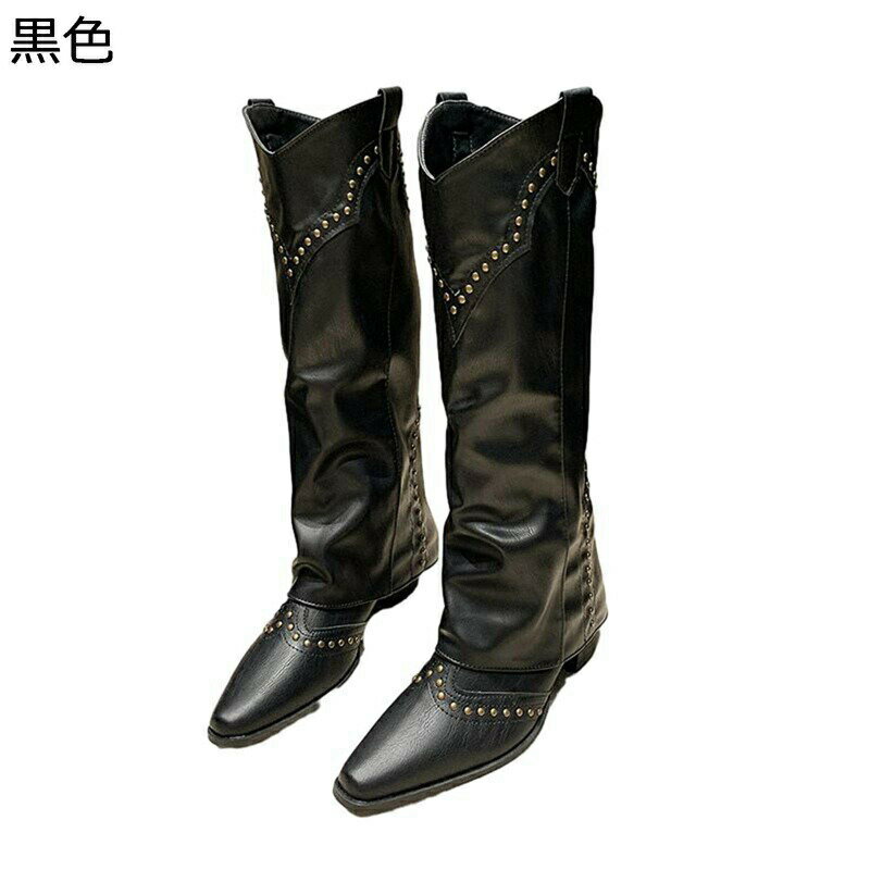 ロングブーツ 騎士ブーツ ポインテッドトゥ ゆったり カウボーイ リベット ヴィンテージ レディース 秋靴 冬靴 落ちない 脱げない 長ブーツ 長靴 オフィス 通勤 ファッション カジュアル