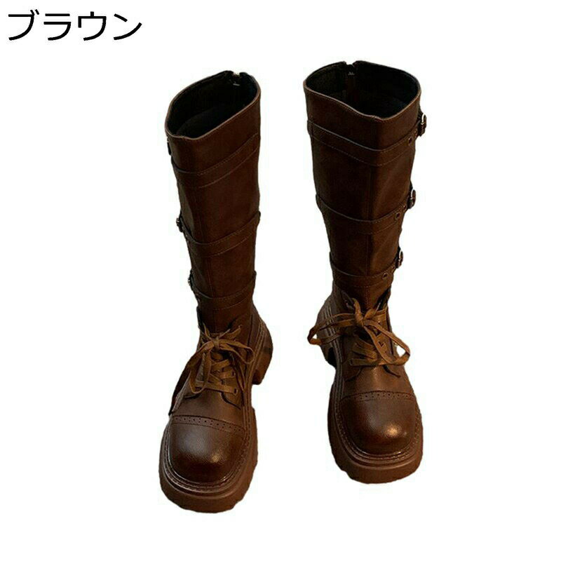 ロングブーツ 編み上げ 厚底 ベルト飾り レディース 秋冬用 脱げない 落ちない 長靴 原宿風 ゆったり オフィス 通勤 コンフォート 無地 シンプル 防水 防寒 防滑 ファッション カジュアル