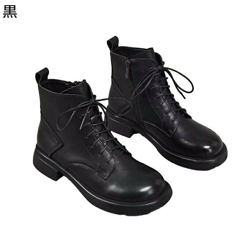 ショートブーツ レディース靴 本革 レザー レースアップ カジュアルブーツ 短靴 ラウンドトゥ ファスナー ミドルヒール 粗いかかと 秋 冬 撥水 美脚 滑りにくい シンプル 柔軟性 普段履き