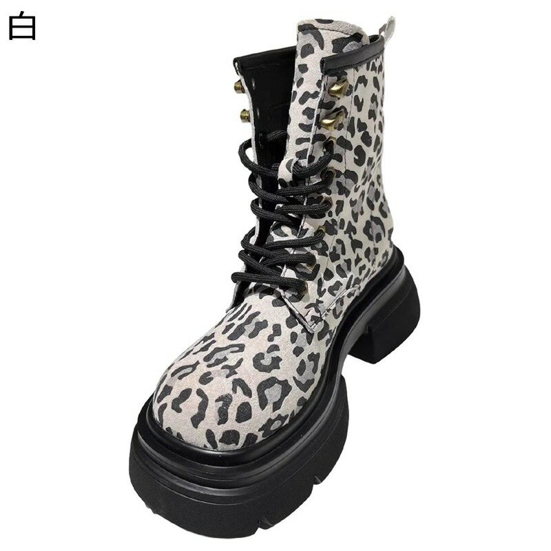 ショートブーツ ヒョウ柄 スエード レースアップ レディース ミドルヒール 秋冬靴 ジッパー 粗いかかと..