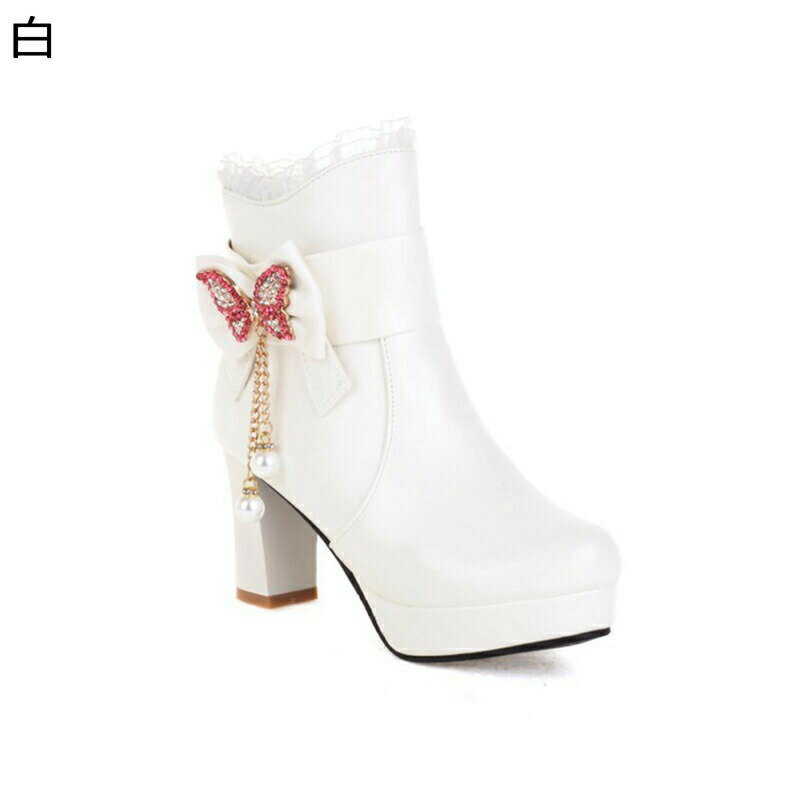 ロリータブーツ レース 蝶 蝶結び ラインストーン リボン レディース ショートブーツ きらきら ハイヒール 防水台 ダイヤ式 アーモンドトゥ 太ヒール 可愛い lolita お嬢様風 滑り止め 走れる