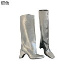 ロングブーツ 膝丈 長靴 レディース ジョッキーブーツ ジョッキーブーツ ゆったり 不規則ヒール 7cm 本革 足細 着脱簡単 柔らかい スクエアトゥ 秋冬 ソ...