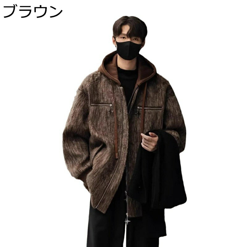 ブルゾン フード付き レイヤード風 ジャケット ショート丈 メンズ ジップアップ 防寒着 ジャンパー