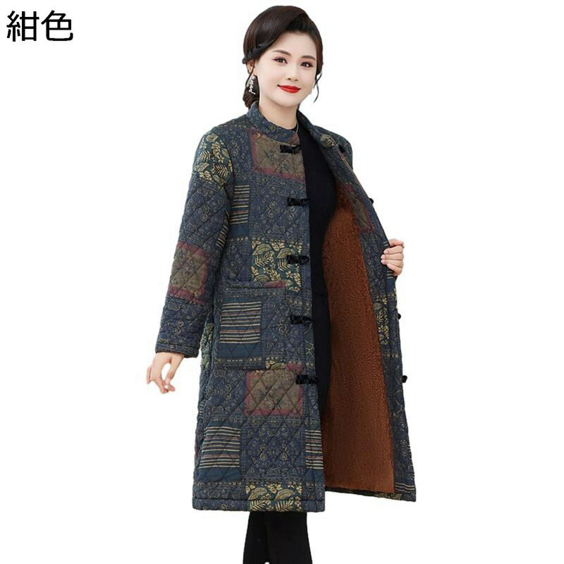 コットンジャケット レディース プリント ポケット ロング 中綿ジャケット トップス コットンジャケット 長袖 保温性 綿服 柔軟性 秋冬服 婦人服 シニアアウター お年寄り 中高年 50-70代(4.0)