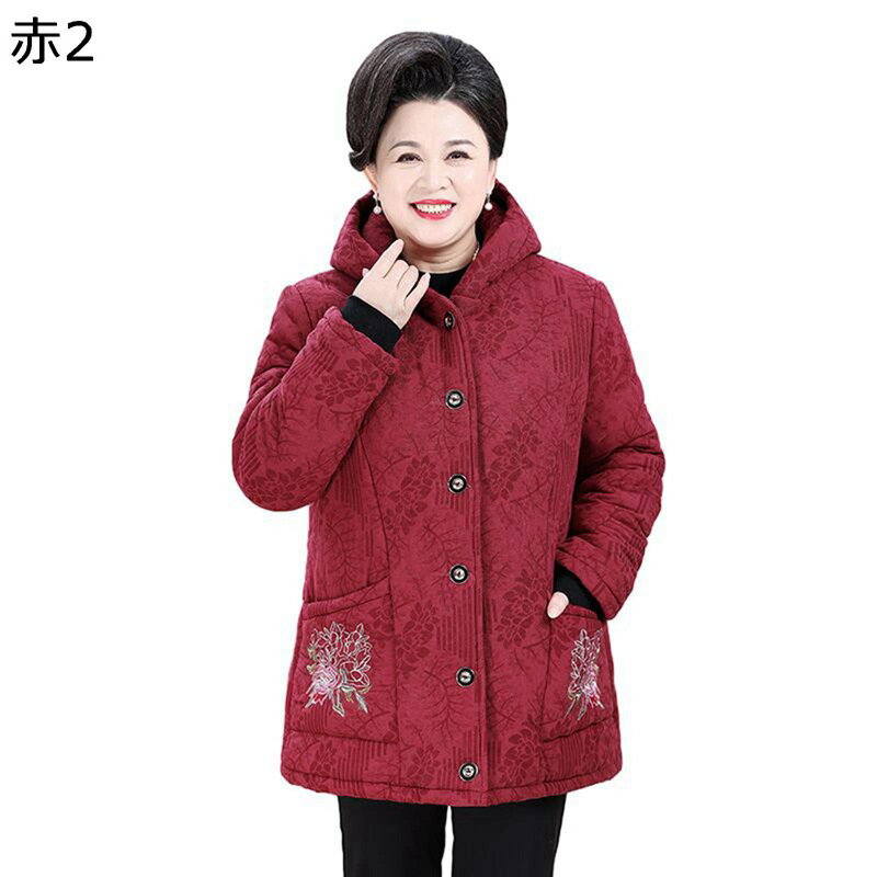 ウィンタージャケット 花柄 花 レディース 刺繍 フード付き コットン入れ 綿 長袖 綿服 コート ポケット 上着 厚い 雪対策 柔軟 耐久 婦人 シニア 秋服 冬服 お年寄り 中高年 50-70代 女性用