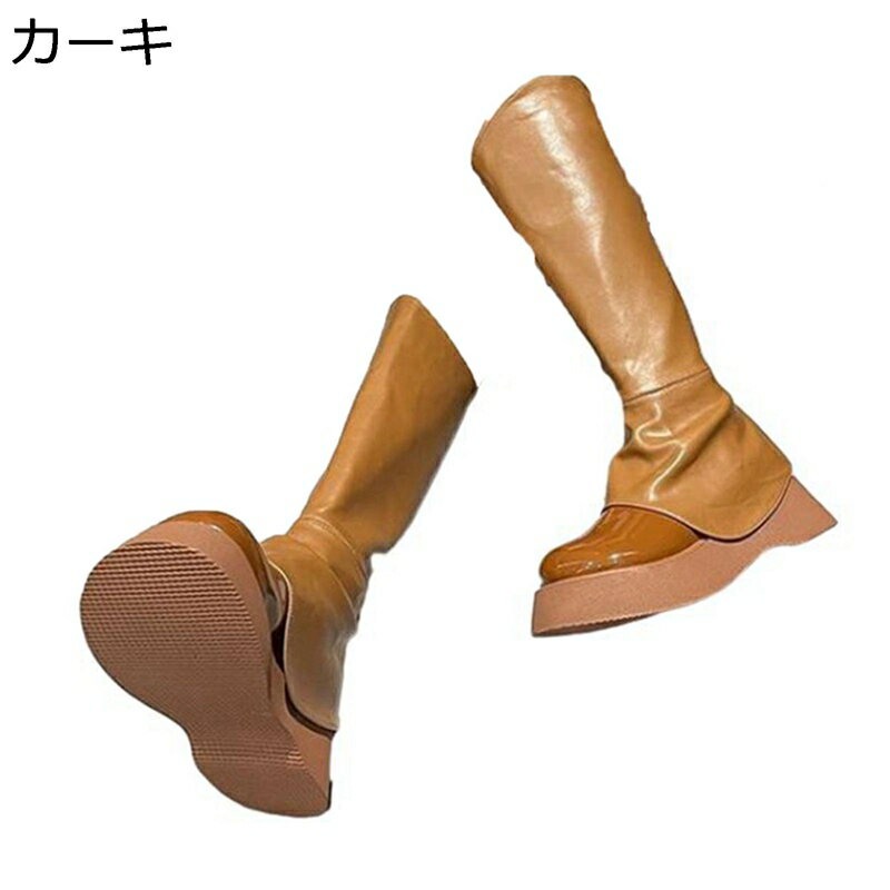 ロングブーツ 騎士ブーツ ラウンドトゥ プラットフォーム 厚底 身長アップ Vカット エナメル 原宿 秋冬 レディース 地雷系 ファスナー ファッション シンプル 細見え 落ちない 撥水 長ブーツ