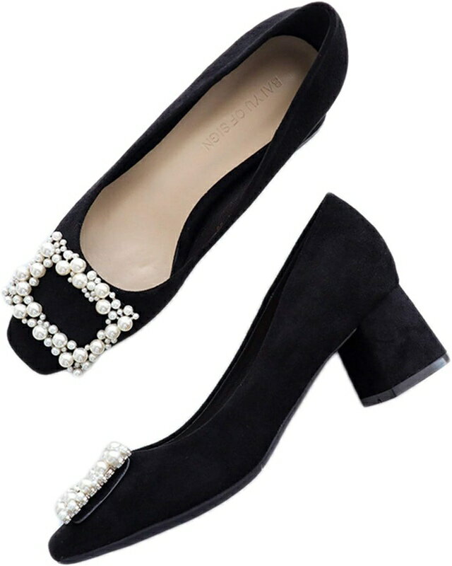 パンプス 歩きやすい 黒 太ヒール 美脚 ポインテッドトゥ 幅広 パール 春夏 低反発クッション カジュアル 日常生活 お出かけ 履きやすい 5.0cmヒール ミドルヒール チャンキーヒール レディー