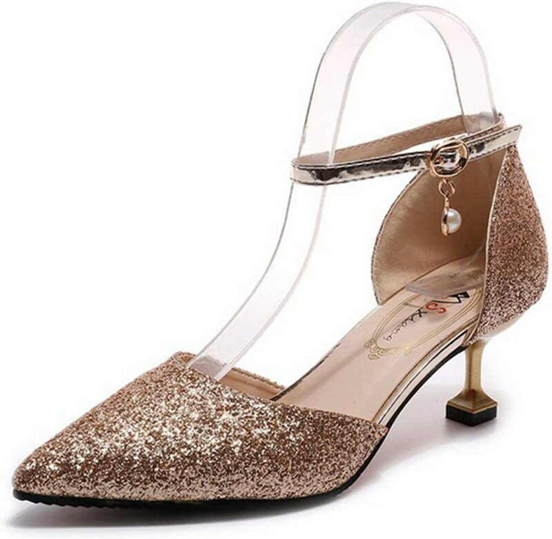 パンプス ラメ パール アンクル ストラップ 結婚式 ヒール ポインテッドトゥ パーティ フォーマル キラ..
